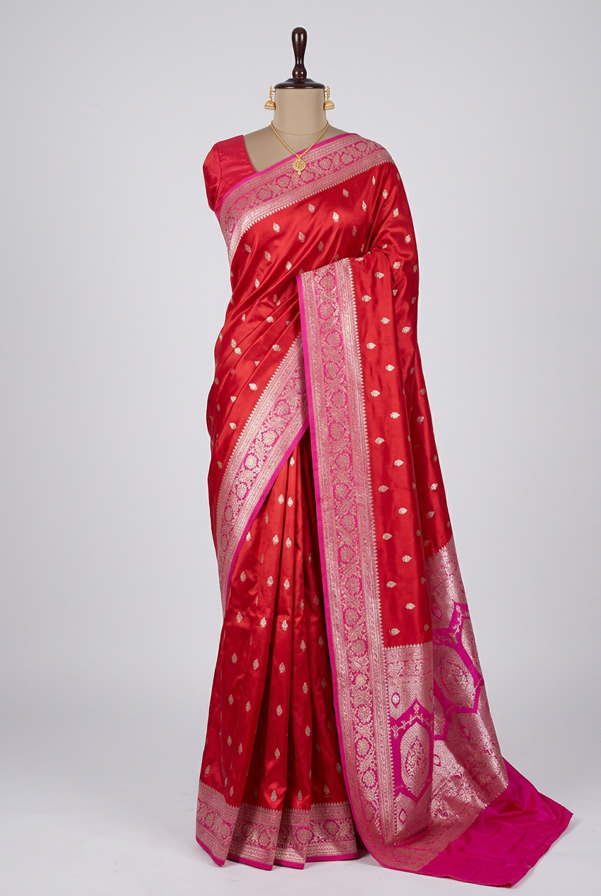 Maroon Pink Traditional Buti Mashru Katan Saree