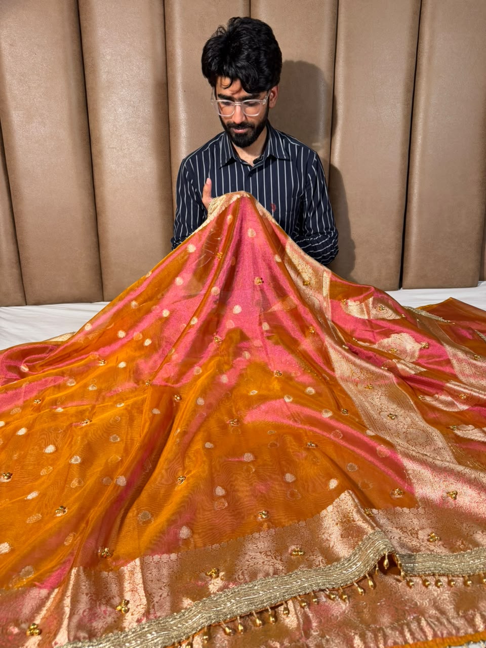 Rani Orange Dhoop Chaon Tissue Ghungroo Saree