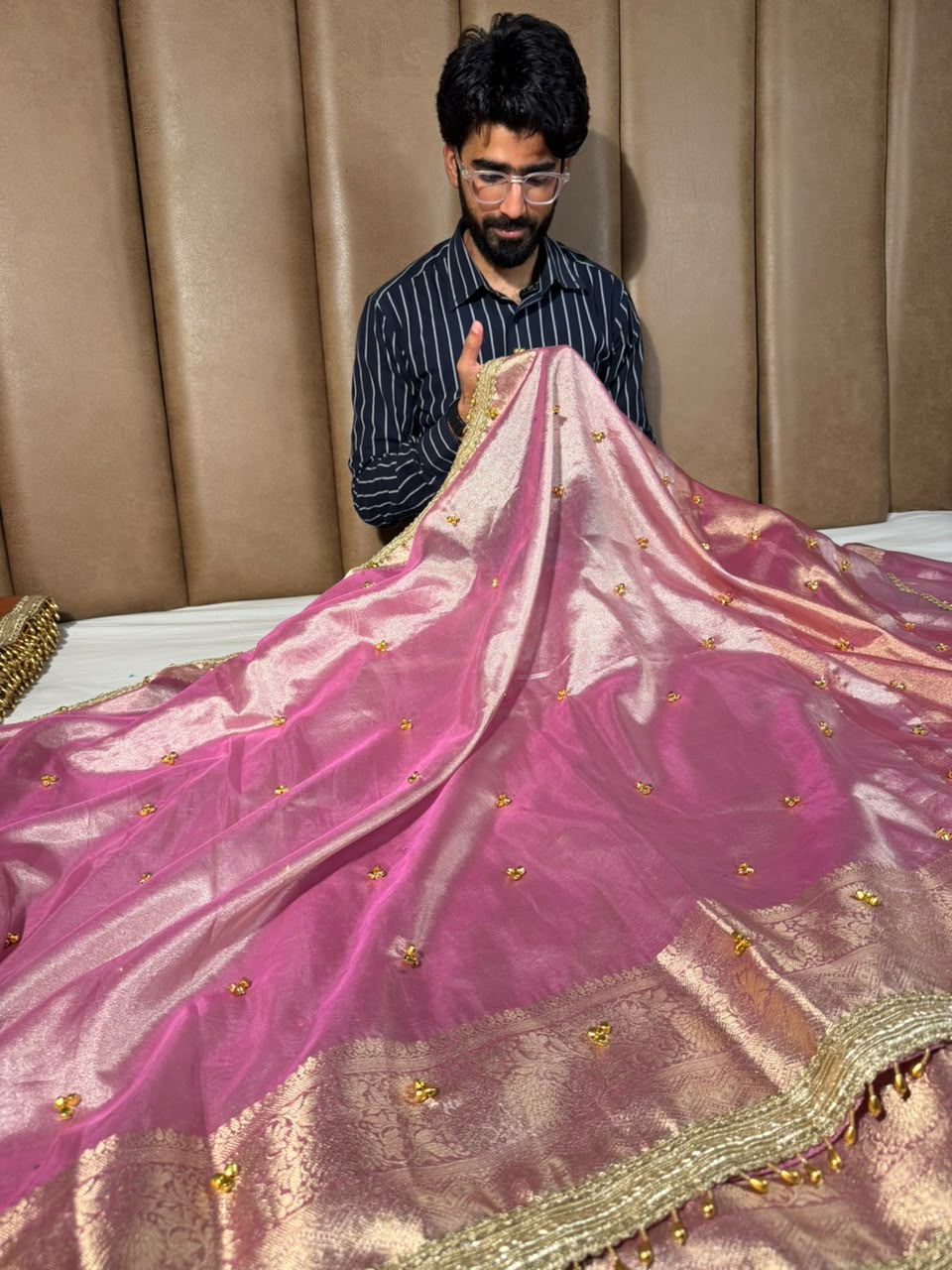 Barbie Pink Tissue Silk Viral Ghungroo Saree