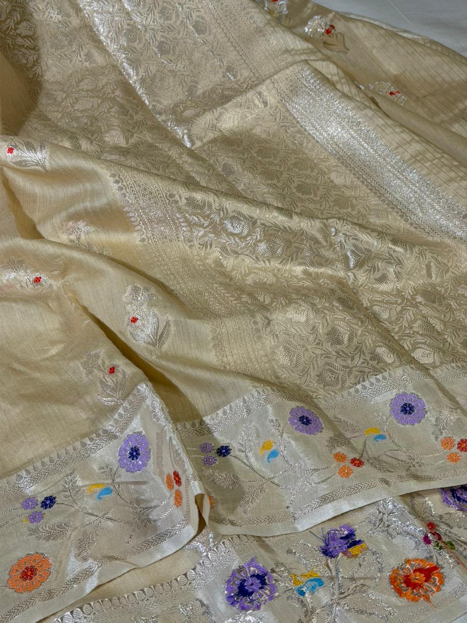 Natural Ivory Pure Munga Silk Meenakari Banarasi Saree