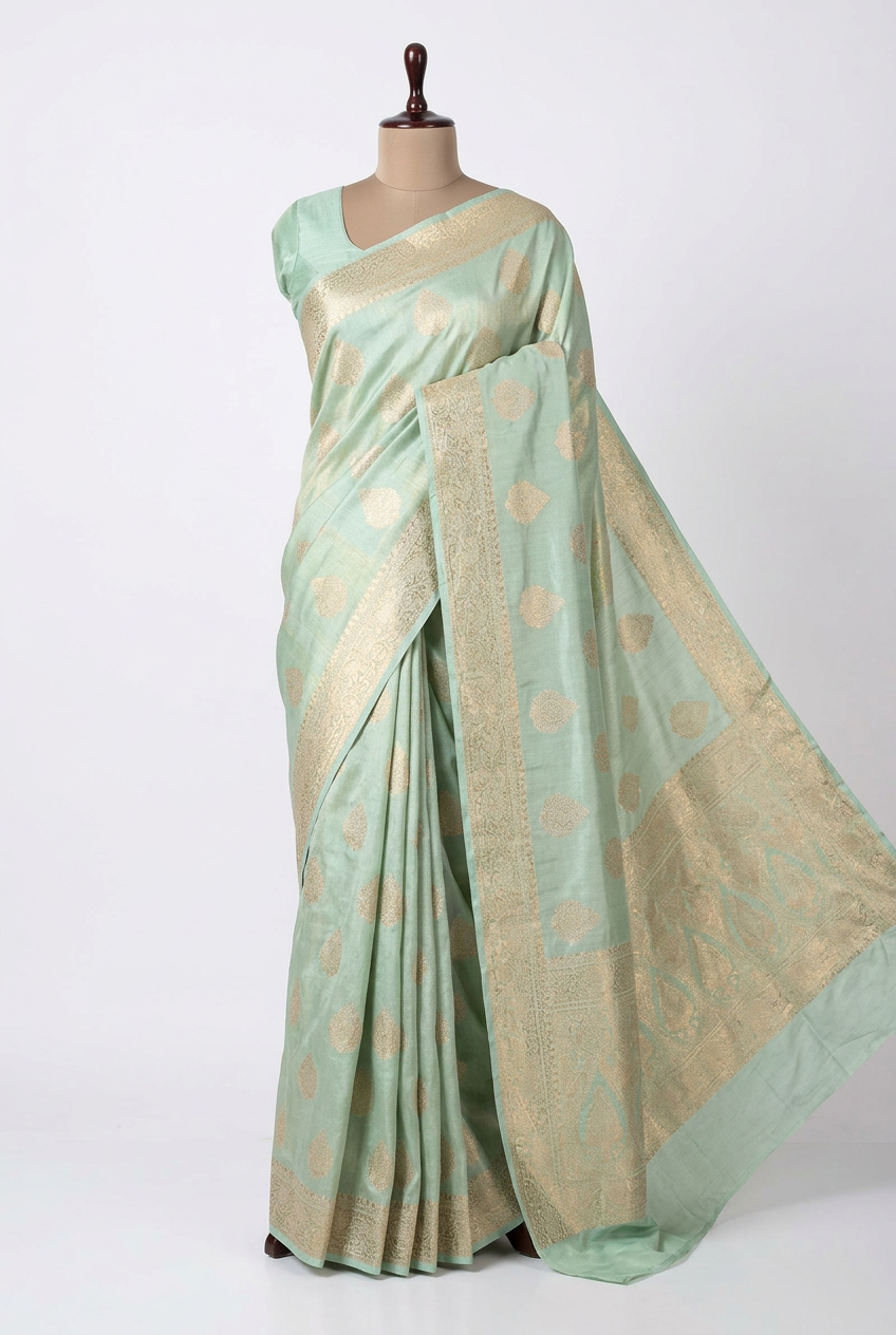Sea Green Breathable Katan Tissue Banarasi Saree