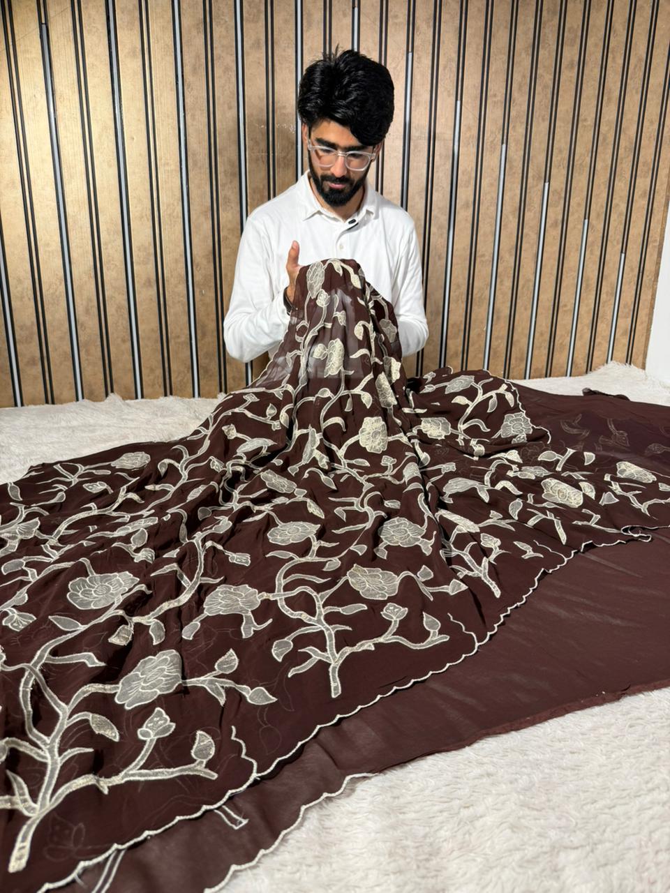 Light brown Khaddi Georgette Appliqué Work Saree