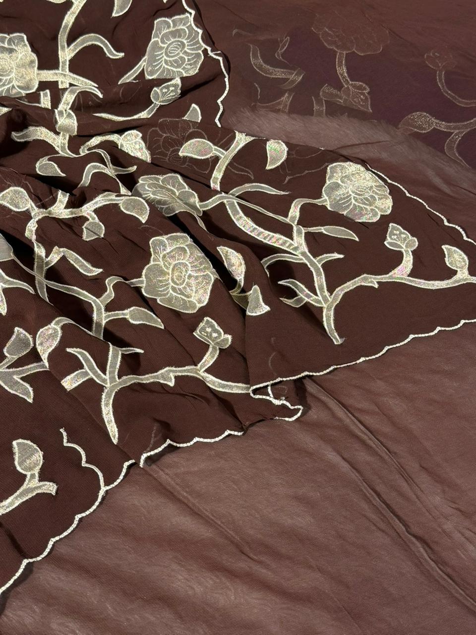 Light brown Khaddi Georgette Appliqué Work Saree