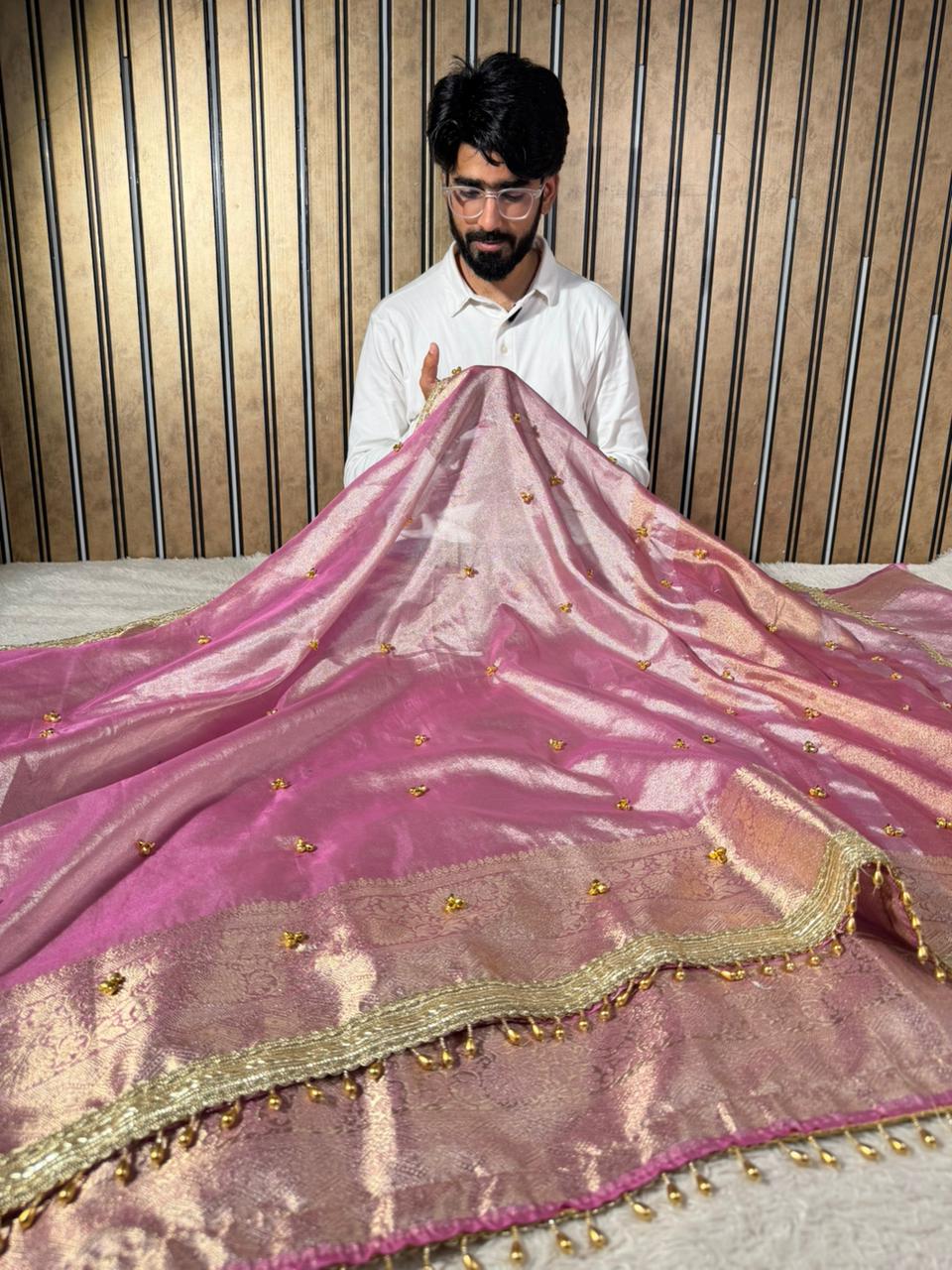 Barbie Pink Tissue Silk Viral Ghungroo Saree