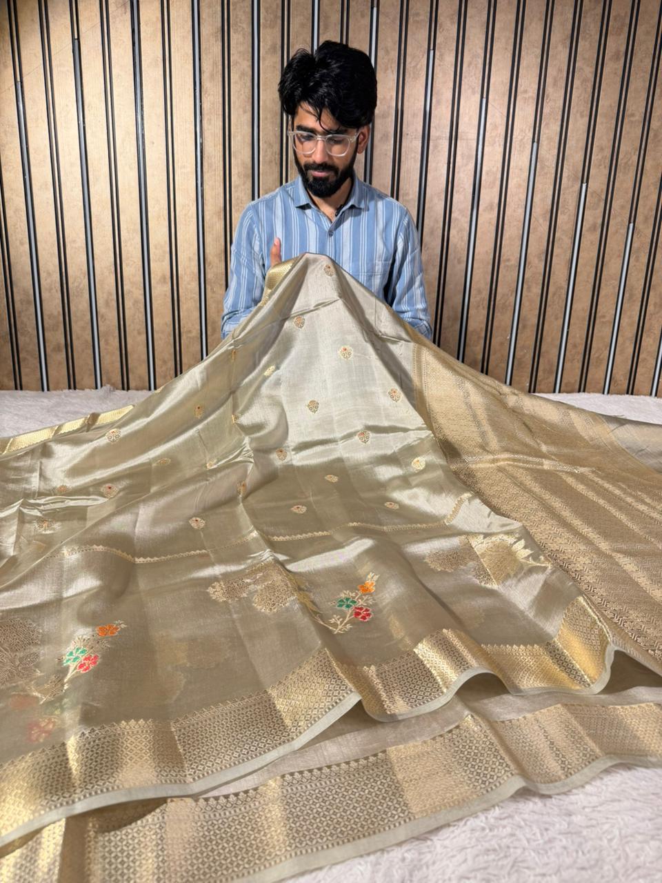 Light Beige Heritage Grand pure Mango Silk Banarasi Saree
