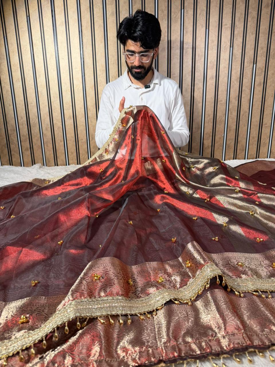 Carmine Maroon Tissue Silk Hand Ghungroo Work Saree 
