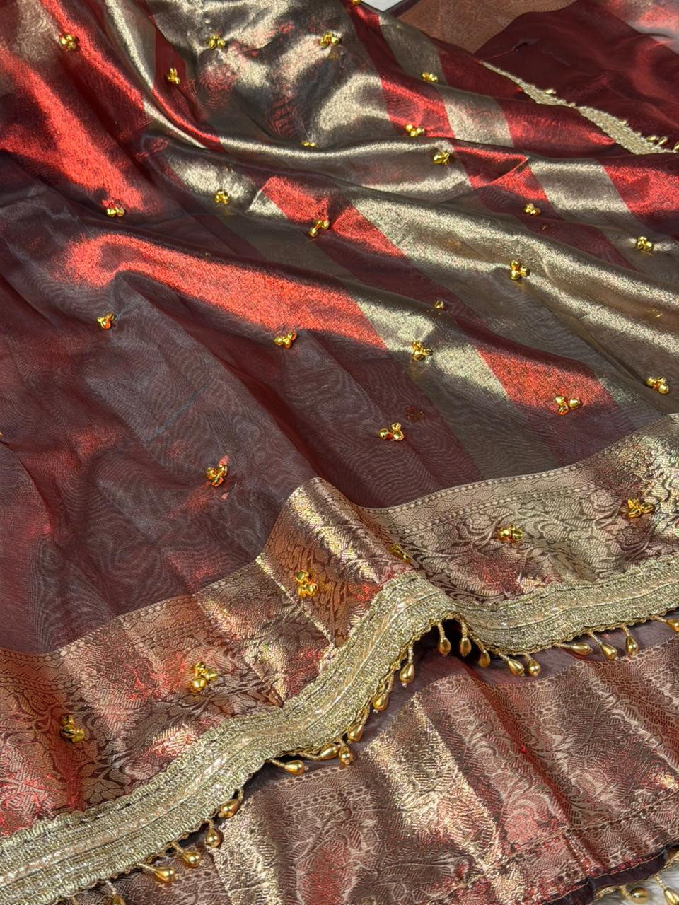 Carmine Maroon Tissue Silk Hand Ghungroo Work Saree 
