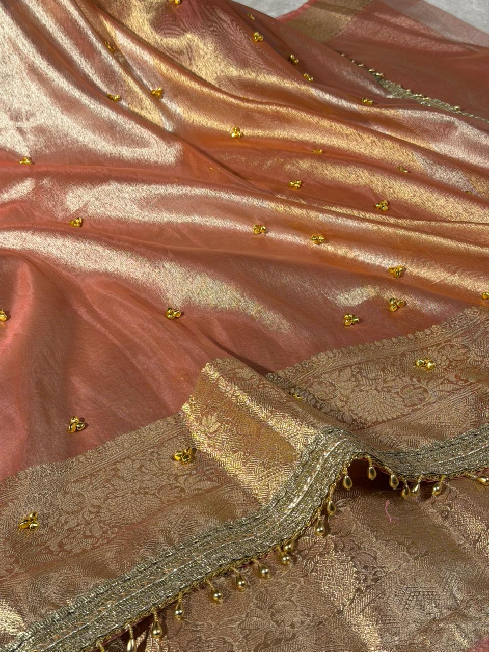 Pretty Peach Tissue Silk Hand Ghungroo Work Saree