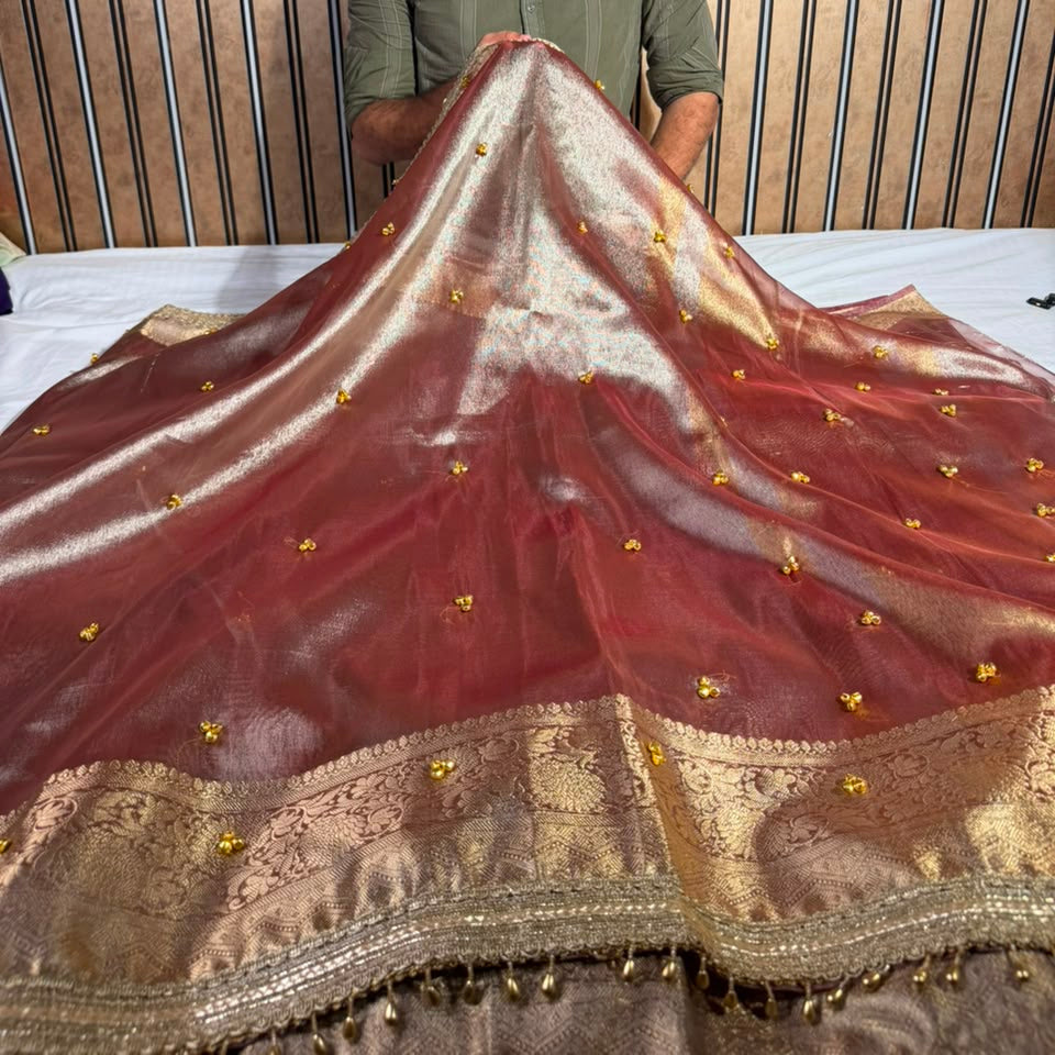 Rusted Coppe Kora Tissue Viral Ghungroo Work Saree