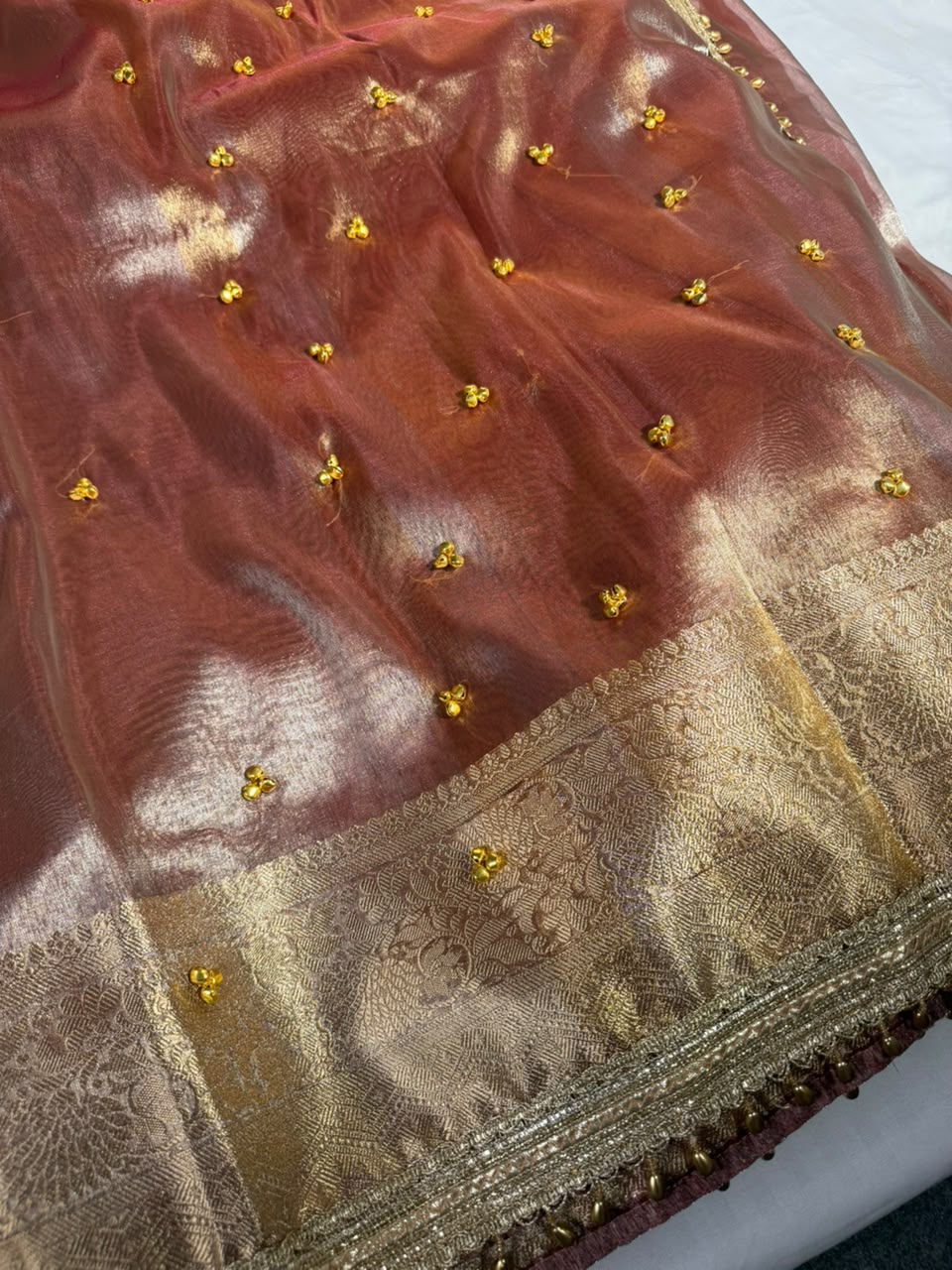 Rusted Coppe Kora Tissue Viral Ghungroo Work Saree