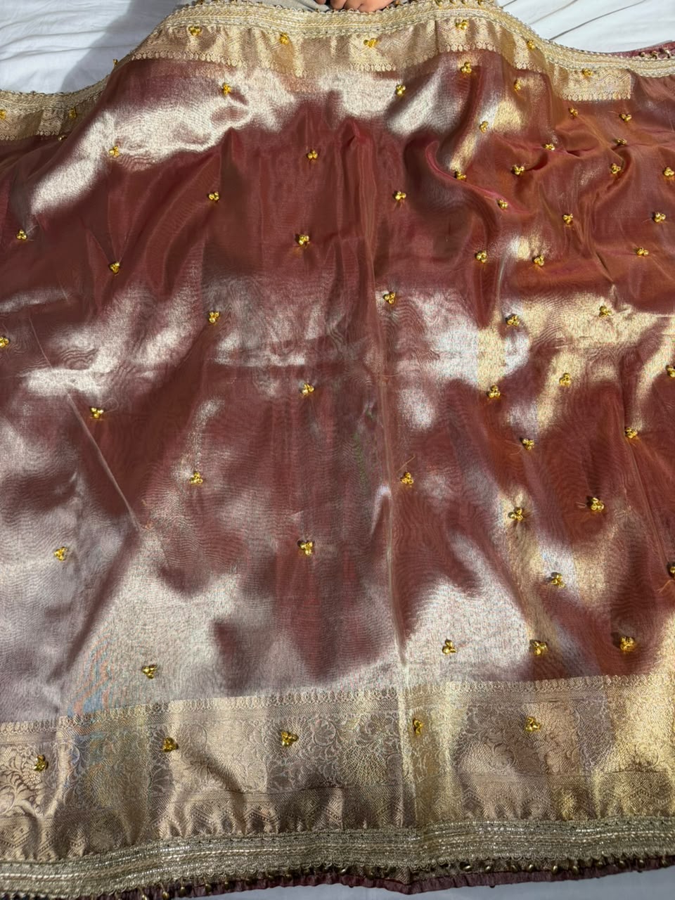Rusted Coppe Kora Tissue Viral Ghungroo Work Saree