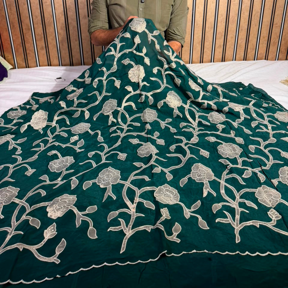 Bottle Green Khaddi Georgette Tissue Appliqué Work Saree