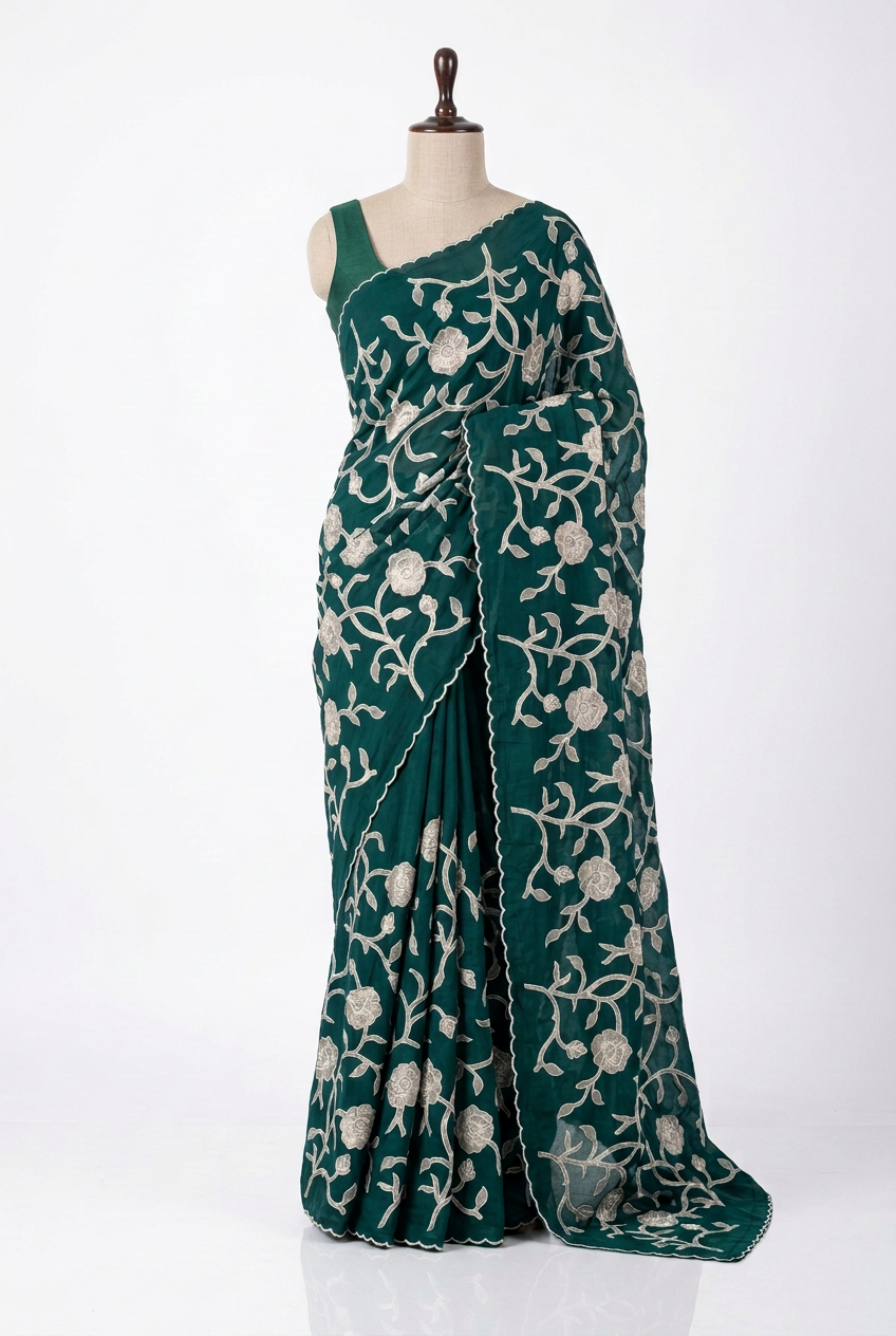 Bottle Green Khaddi Georgette Tissue Appliqué Work Saree