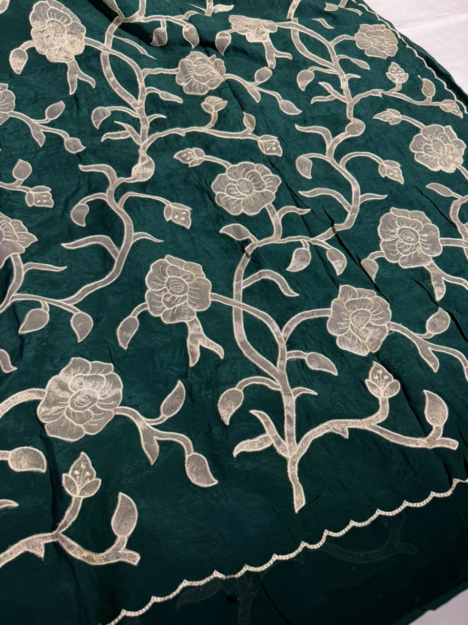 Bottle Green Khaddi Georgette Tissue Appliqué Work Saree