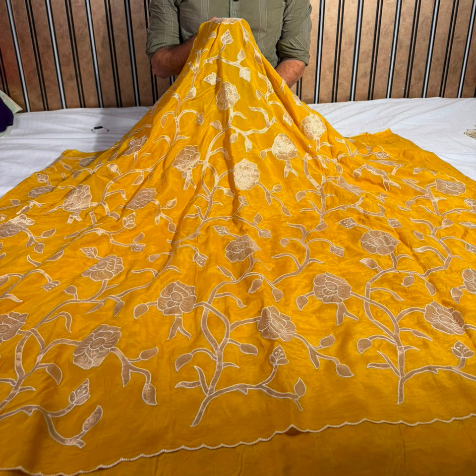 Bright Yellow Khaddi Georgette Tissue Appliqué Work Saree