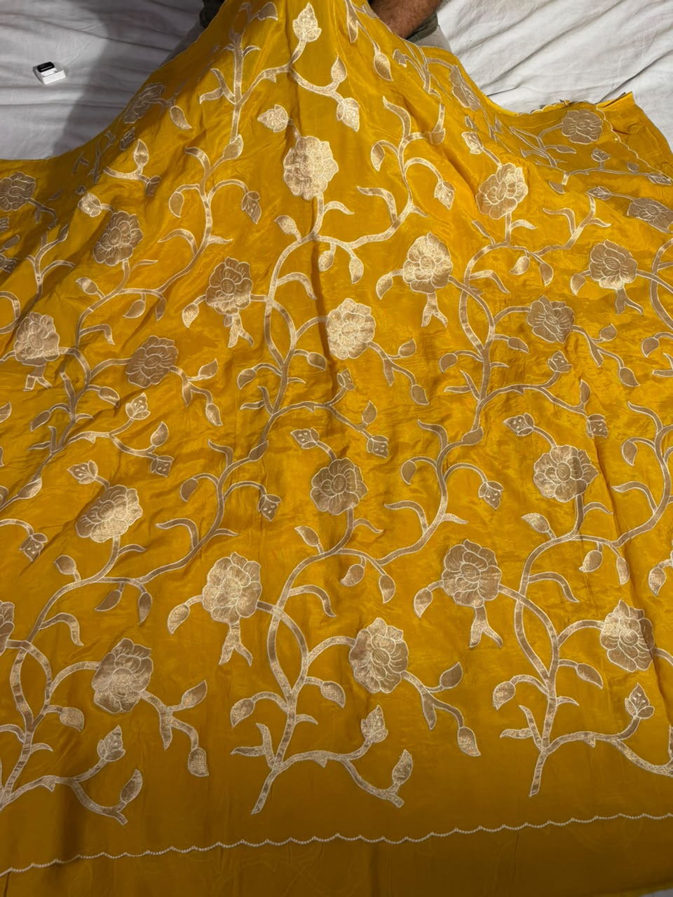Bright Yellow Khaddi Georgette Tissue Appliqué Work Saree
