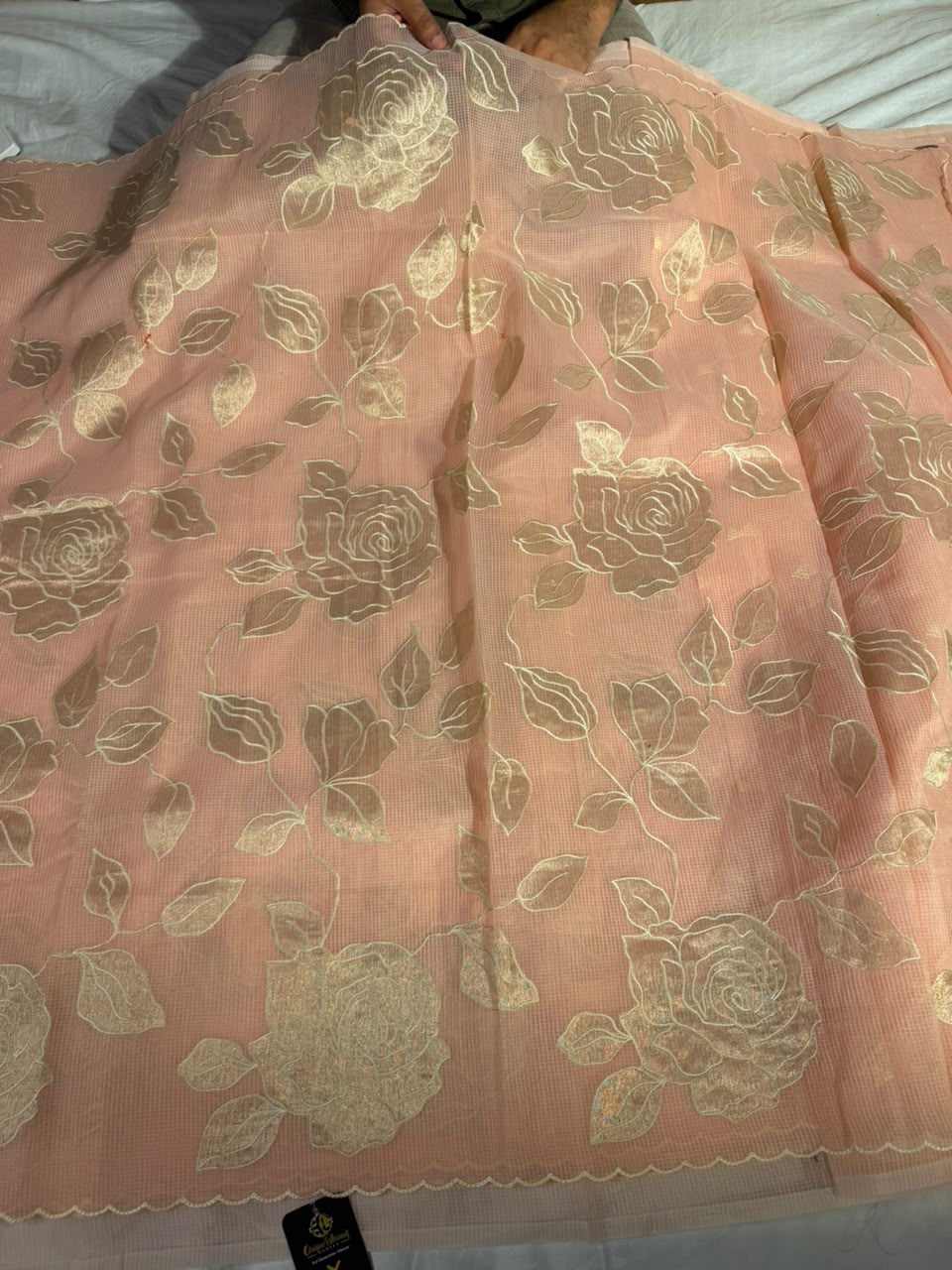 Light Peach Kota Cotton Appliqué Work Saree