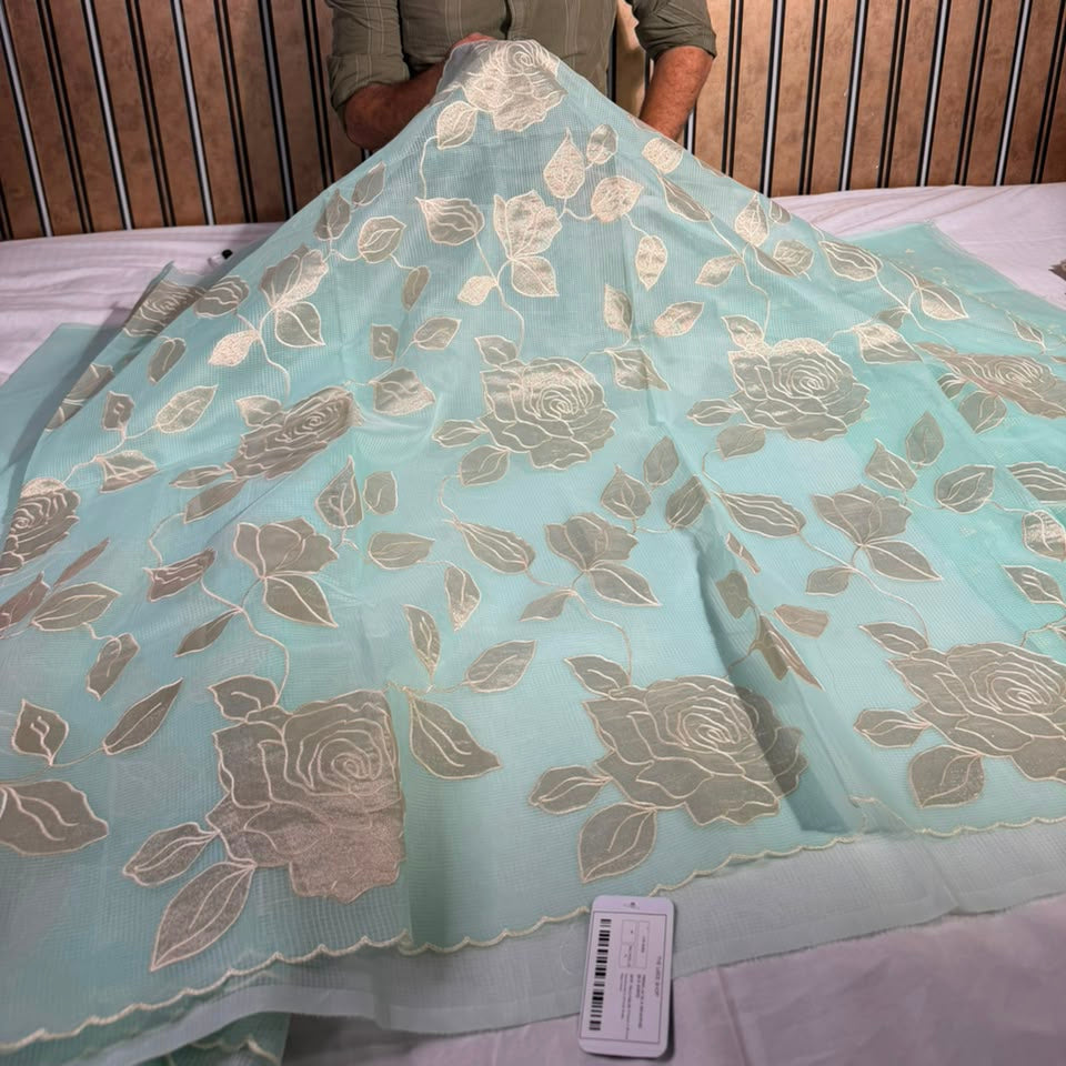 Sea Blue Kota Cotton Appliqué Work Saree