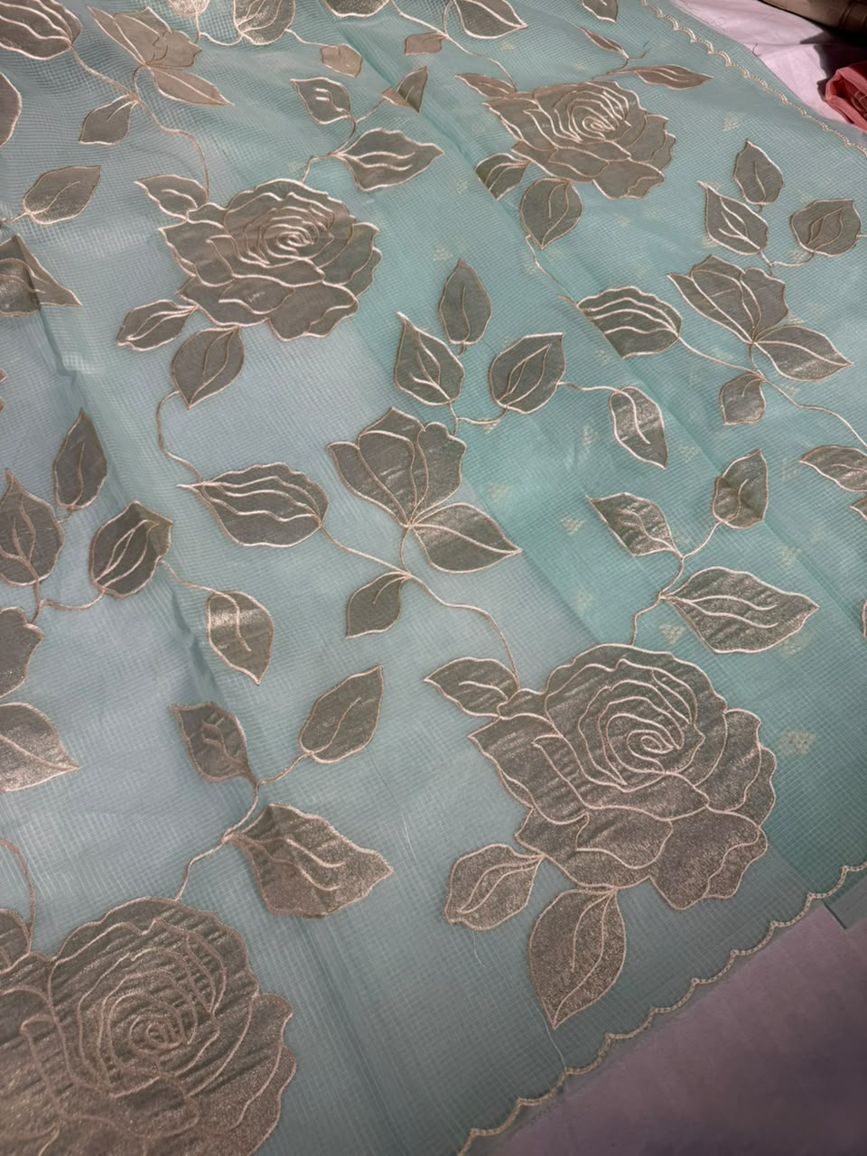 Sea Blue Kota Cotton Appliqué Work Saree