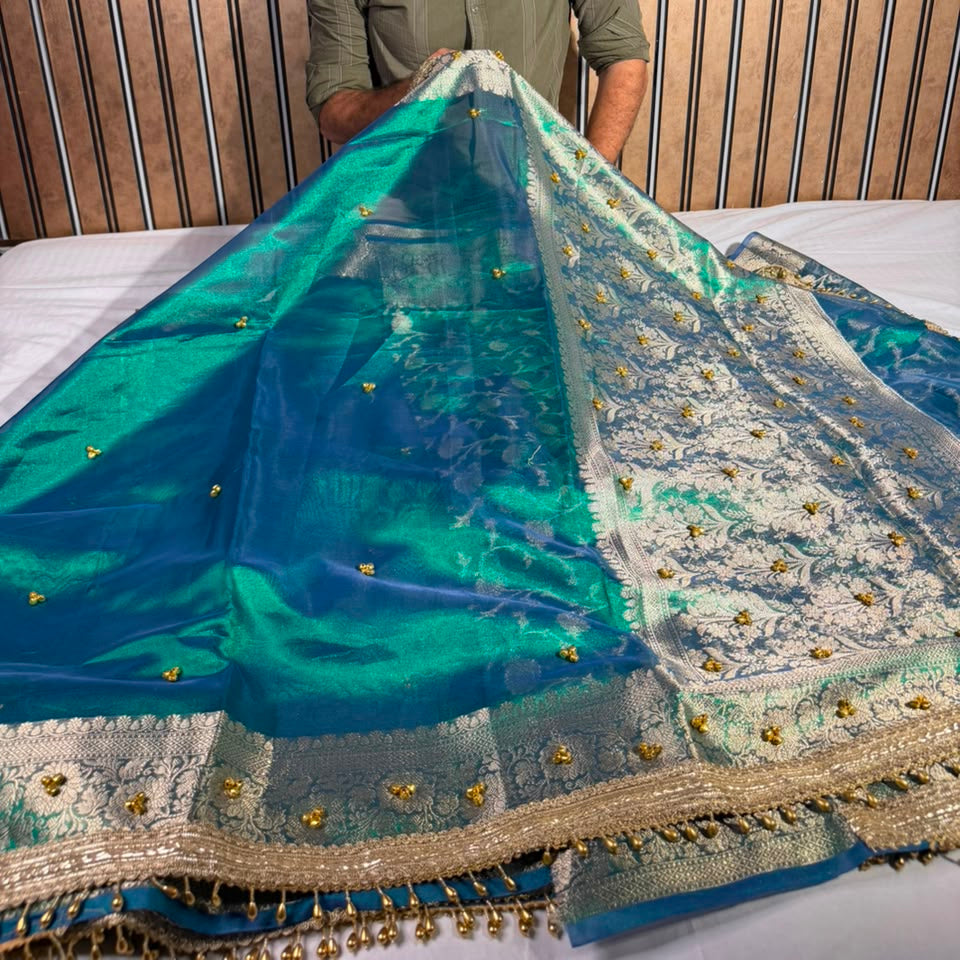 Rare Baigani Viral Ghungroo Work Tissue Saree