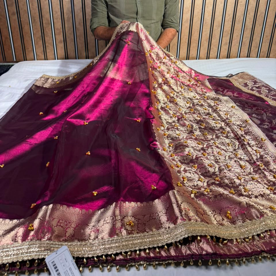 Metallic Violet Viral Ghungroo Work Tissue Saree