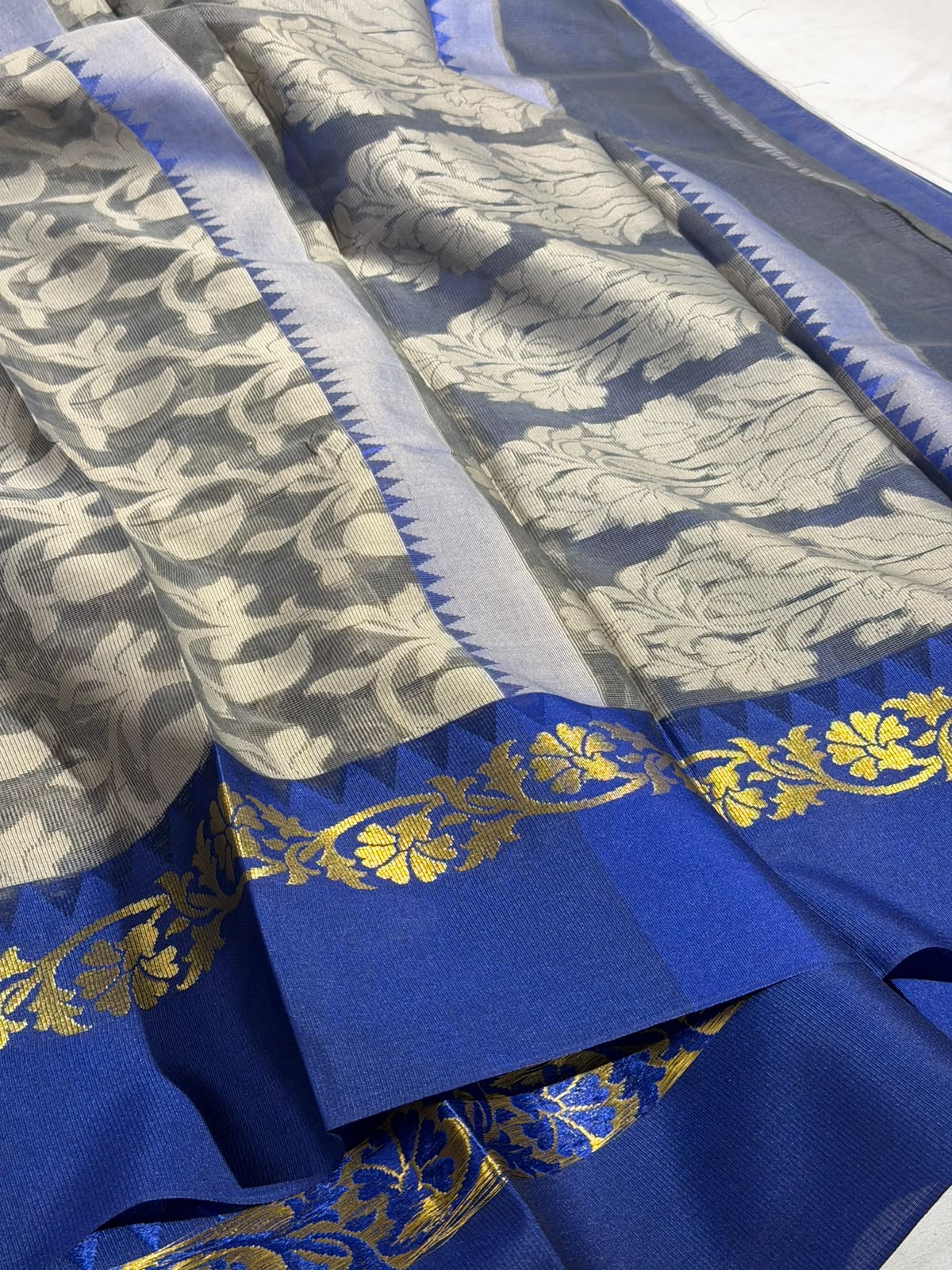 Grey Cotton Patola Saree In Grey Jaal Weave