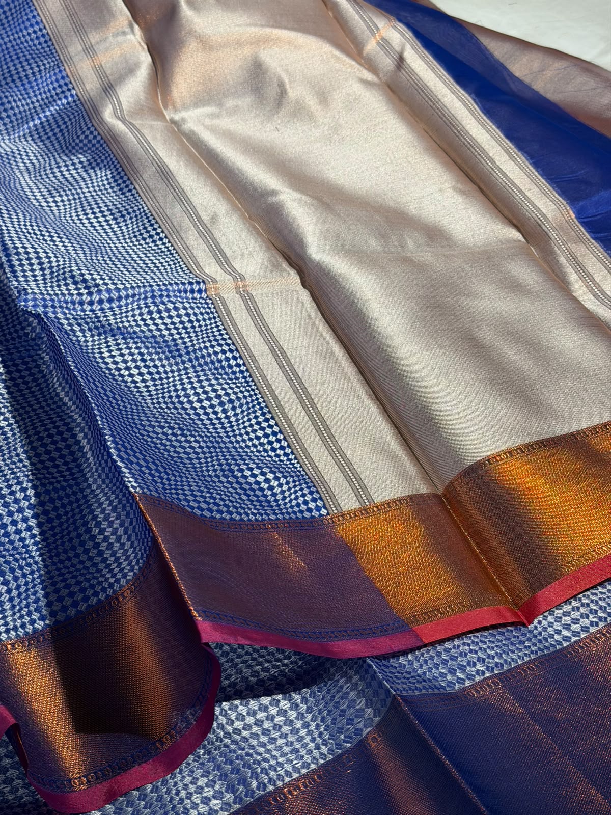 Royal Blue Checks Softsilk Banarasi Saree
