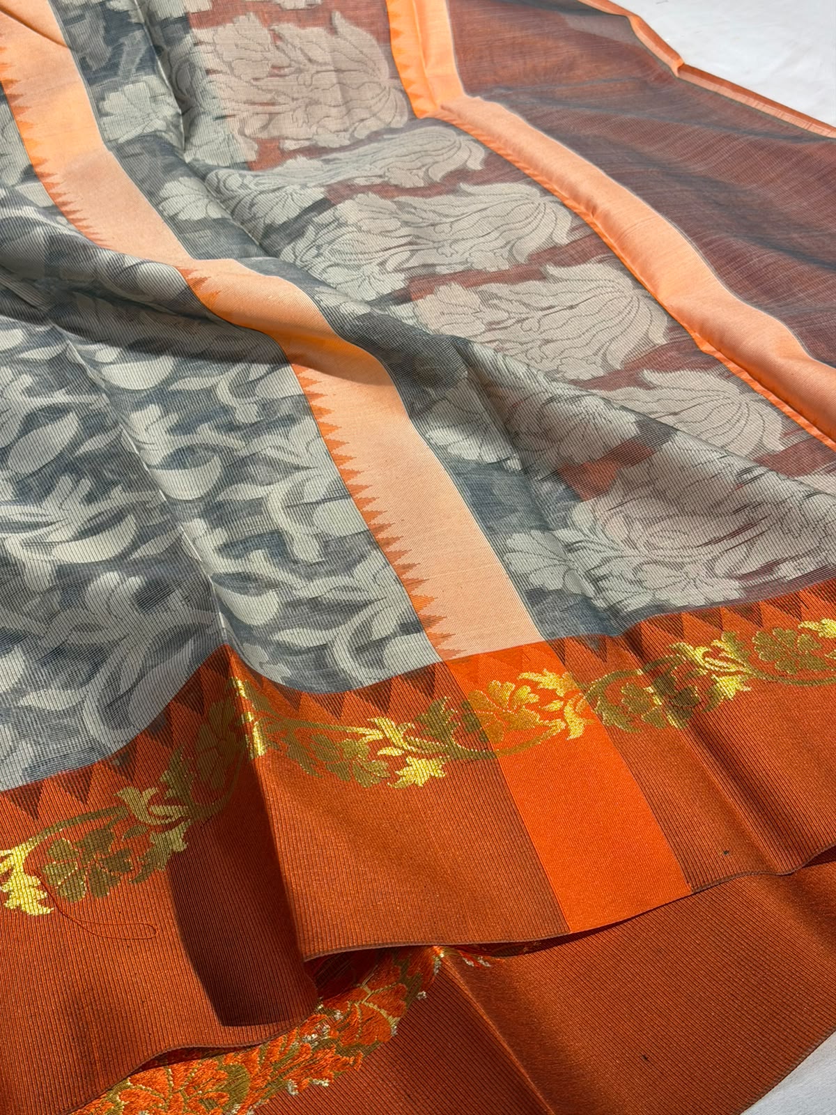 Grey Cotton Patola Saree In Grey Jaal Weave