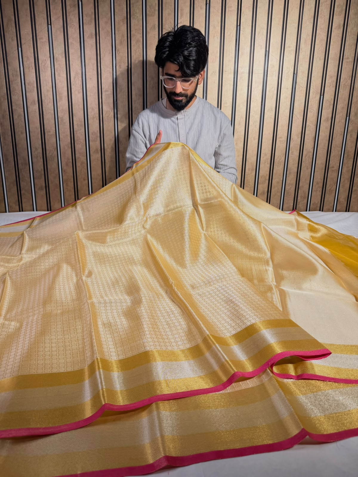Light Tusser Strips Cotton Jamdani Pattern Saree