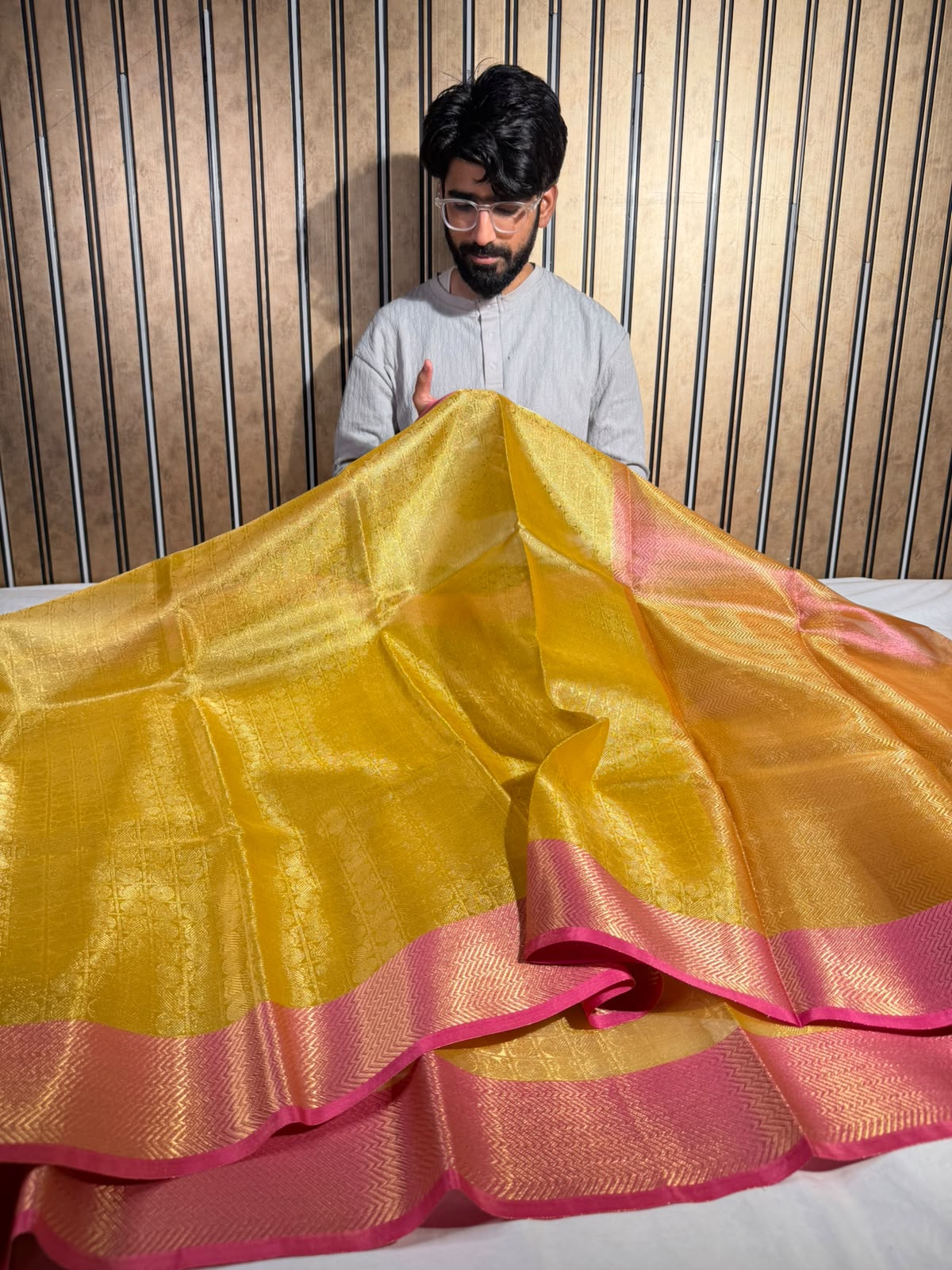 Yellow Pink Jamdani Pattern Saree