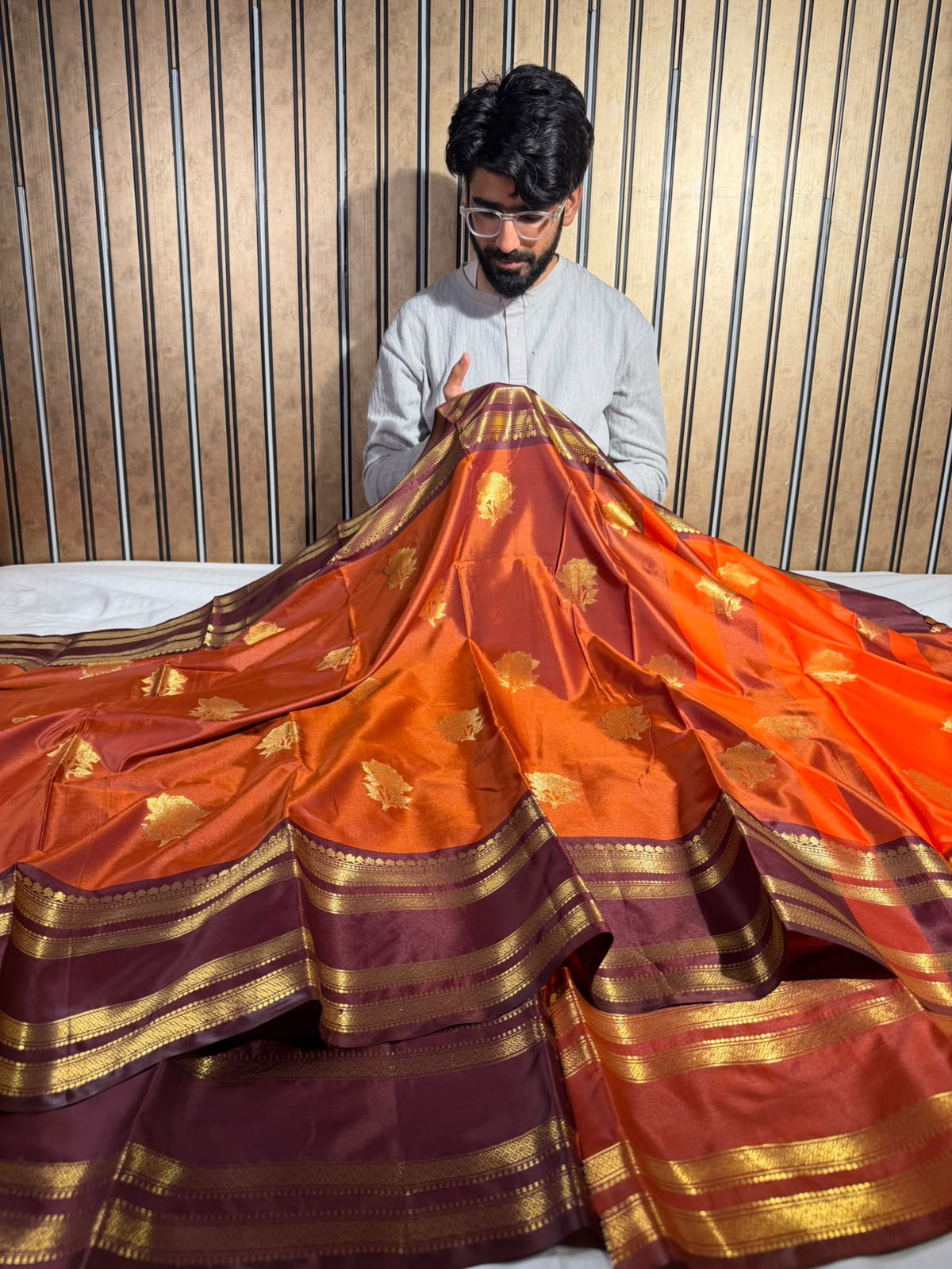 Orange Maroon Jamdani Pattern Saree