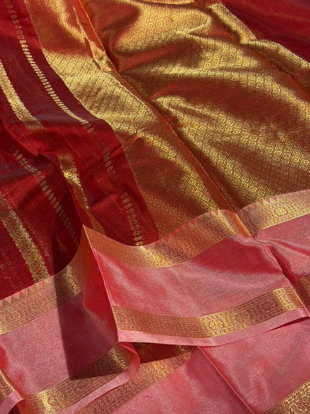 Red Pink With Strips Softsilk Eccentric Banarasi Saree