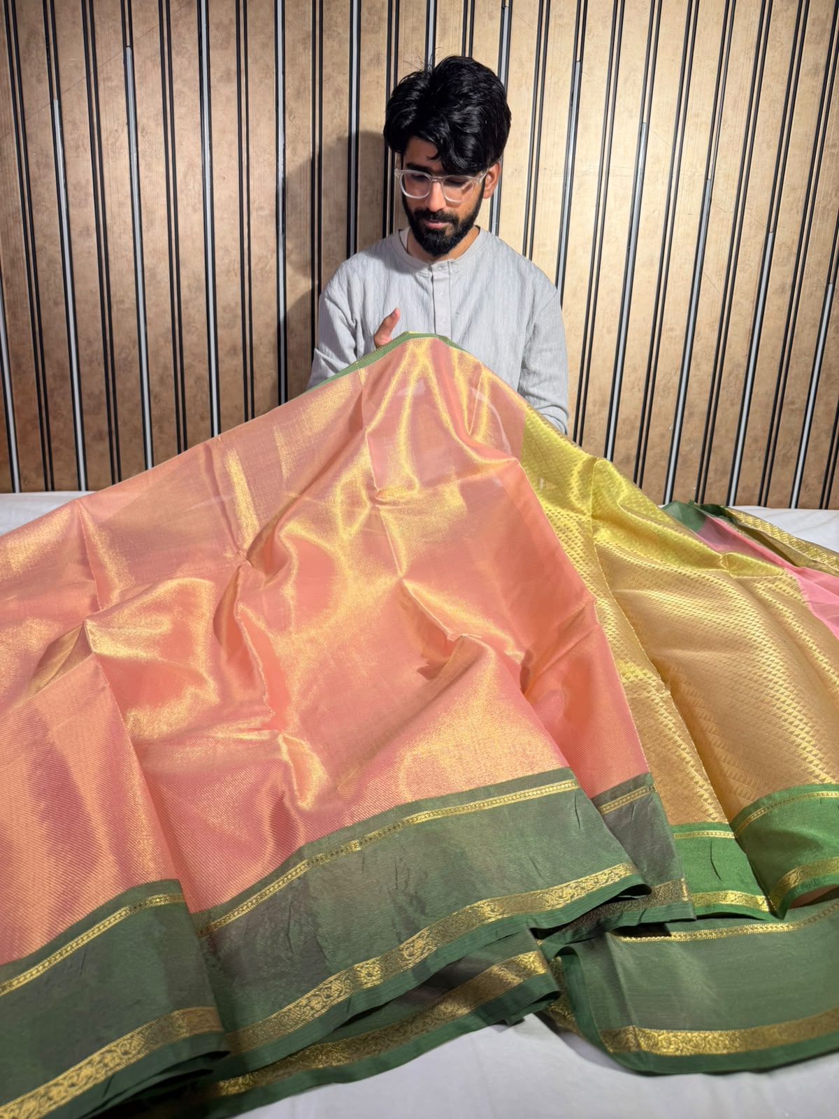 Peach With Green Softsilk Eccentric Banarasi Saree