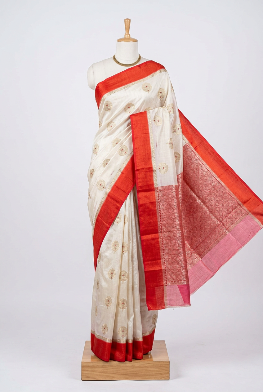 White Red Comfortable Chinia Silk Banarasi Saree