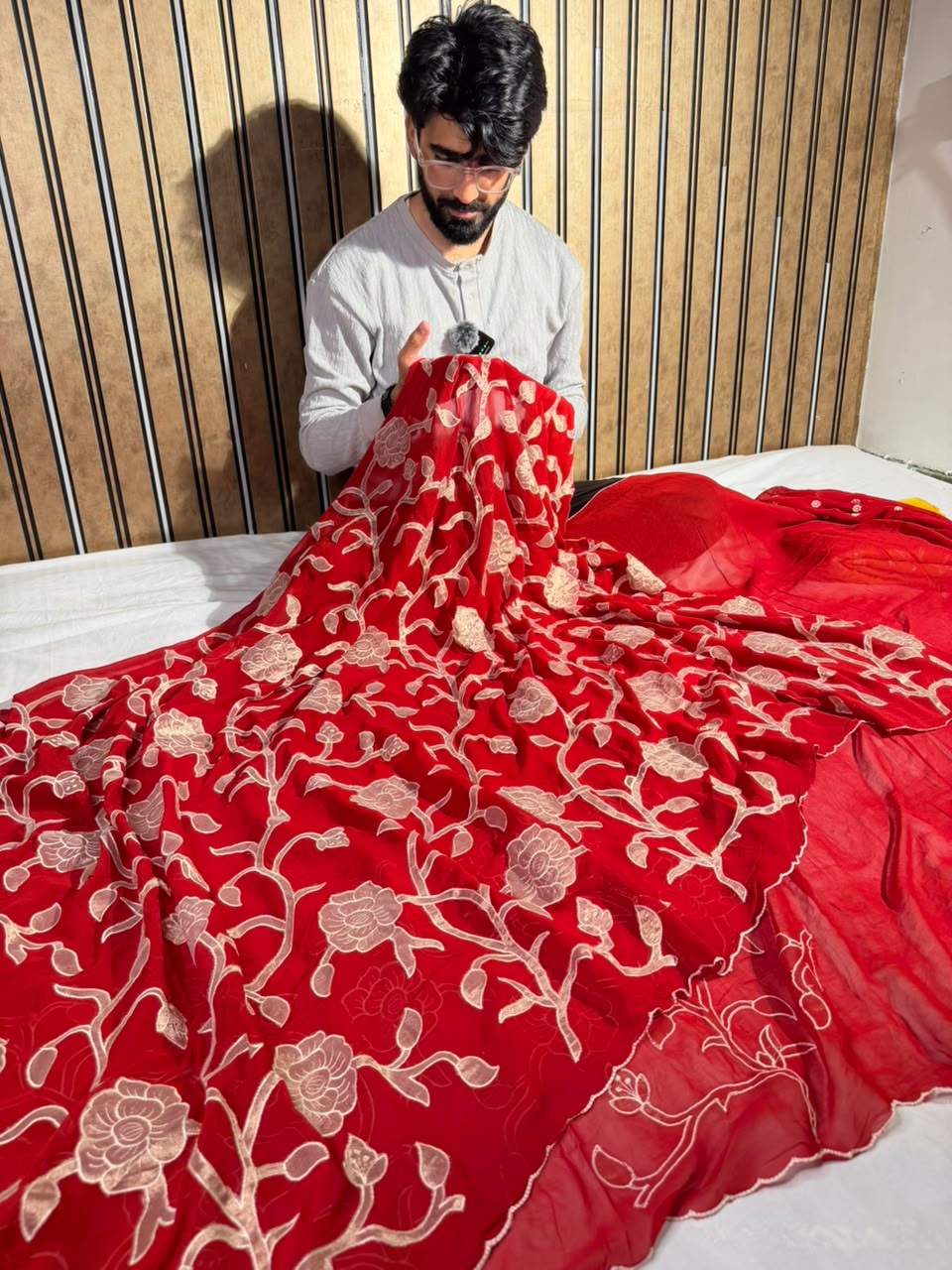 Bright Red Khaddi Georgette Tissue Appliqué Work Saree