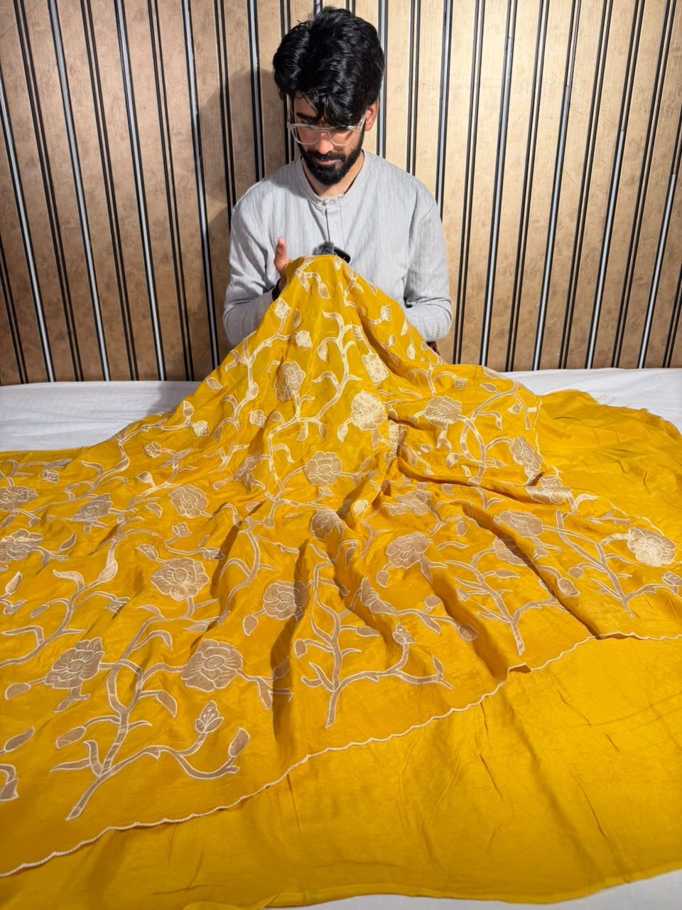 Bright Yellow Khaddi Georgette Tissue Appliqué Work Saree