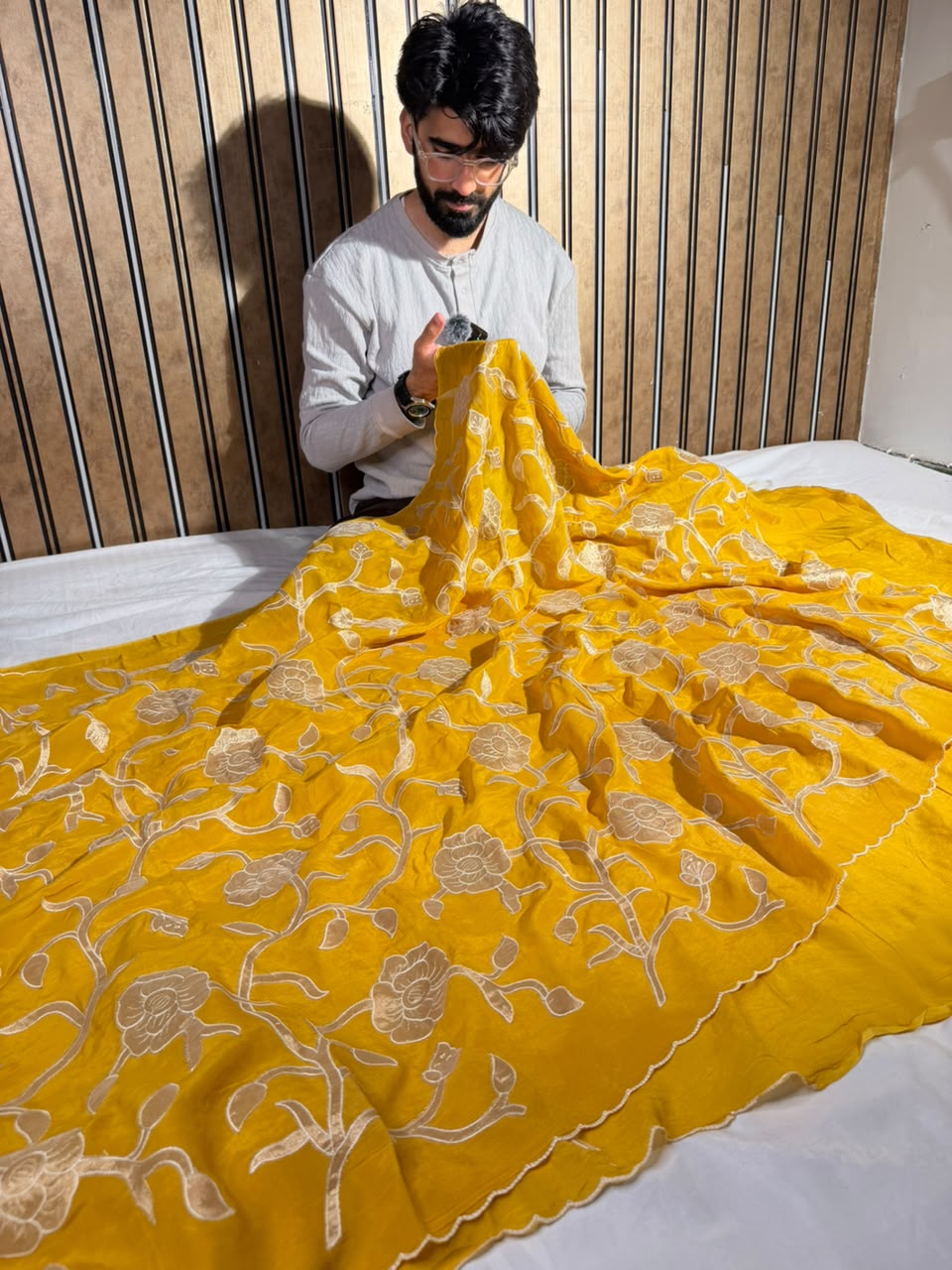 Bright Yellow Khaddi Georgette Tissue Appliqué Work Saree
