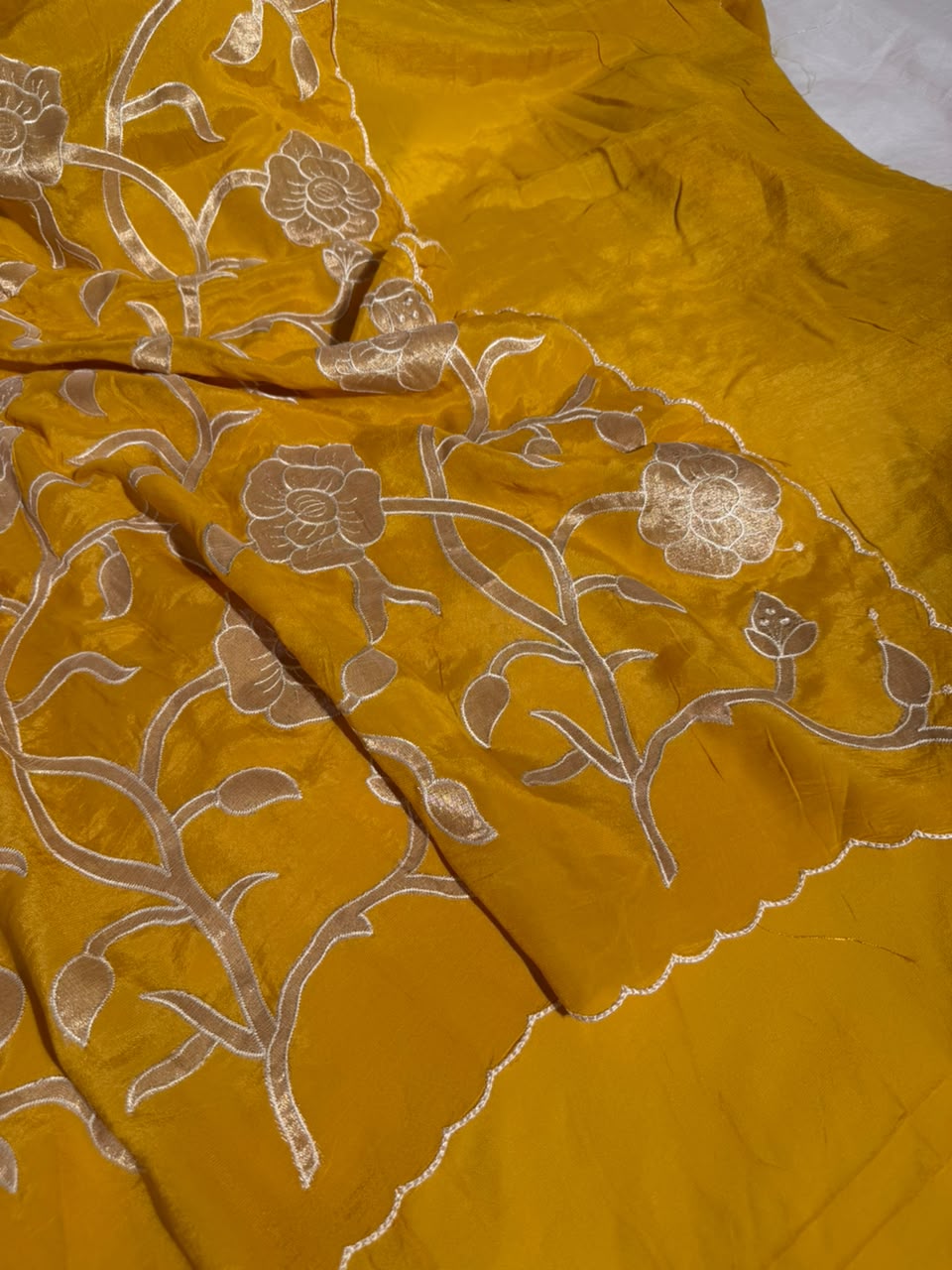 Bright Yellow Khaddi Georgette Tissue Appliqué Work Saree