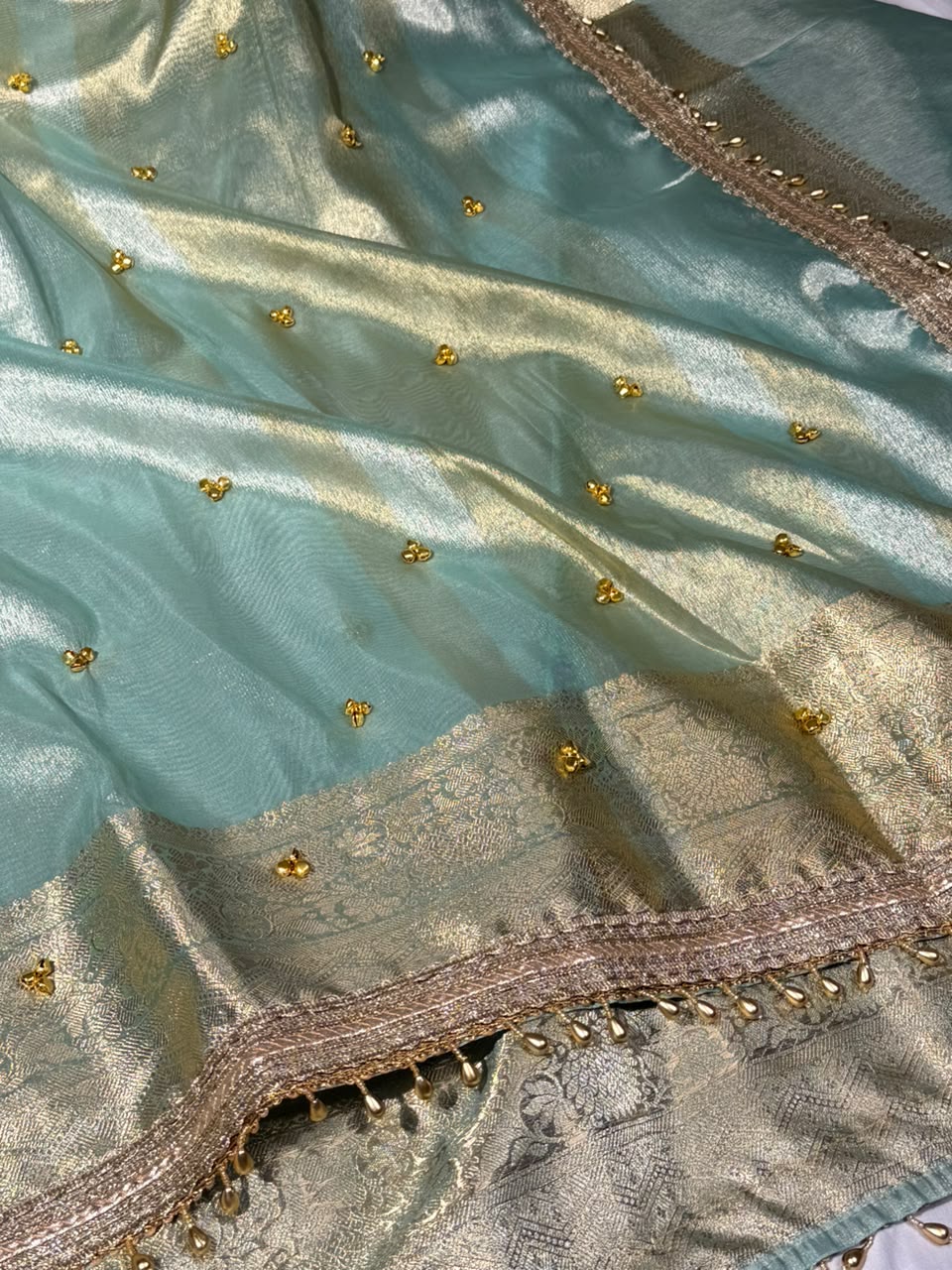 Sea Green Viral Ghungroo Work Tissue Saree
