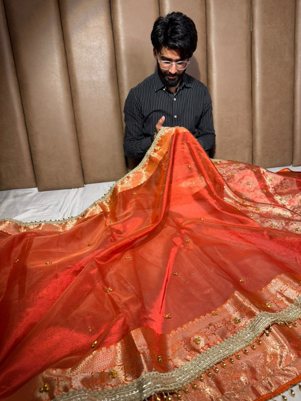 Dhoop Chaon Orange  Viral Ghungroo Work Tissue Saree