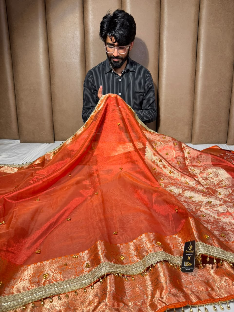 Dhoop Chaon Orange  Viral Ghungroo Work Tissue Saree