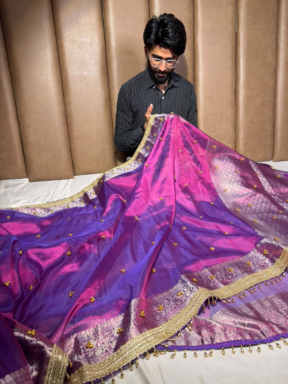 Rare Baigani Viral Ghungroo Work Tissue Saree