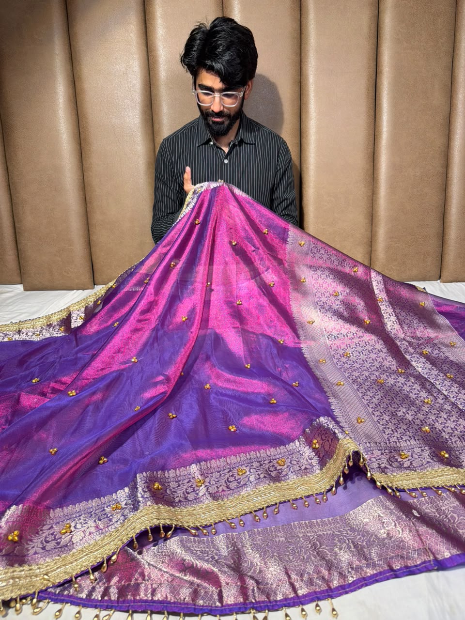 Rare Baigani Viral Ghungroo Work Tissue Saree