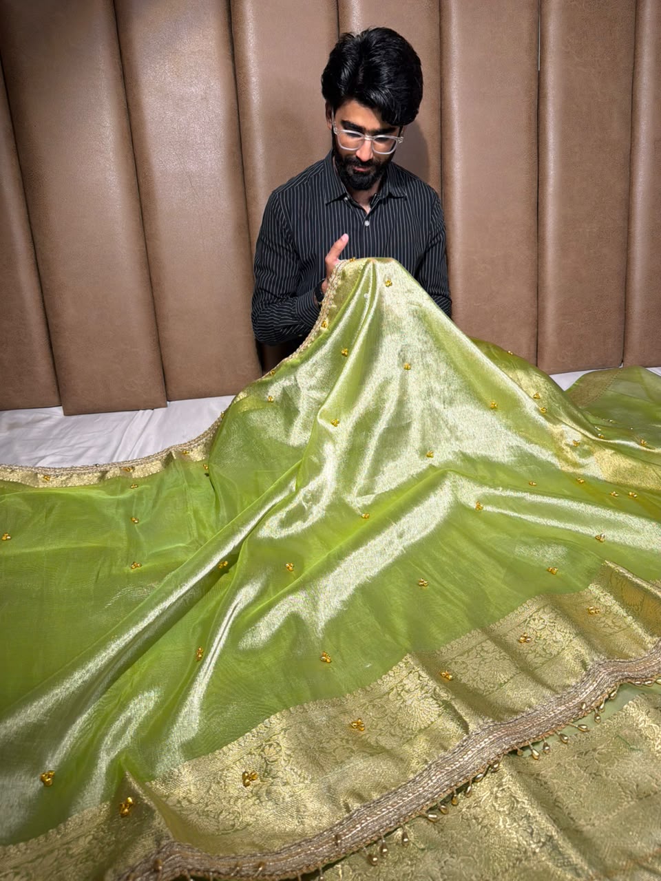 Parrot Green Kora Tissue Viral Ghungroo Work Saree