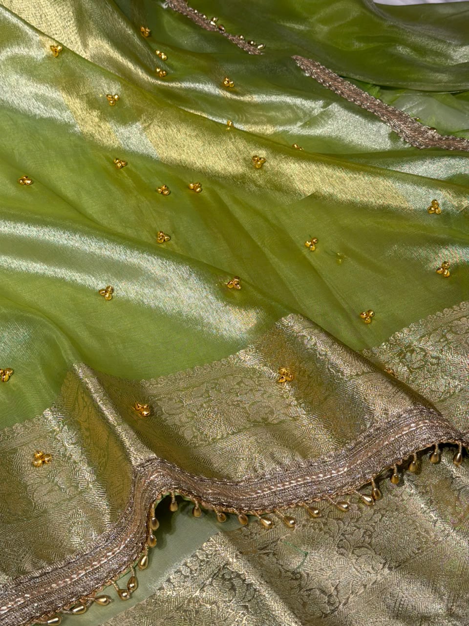 Parrot Green Kora Tissue Viral Ghungroo Work Saree