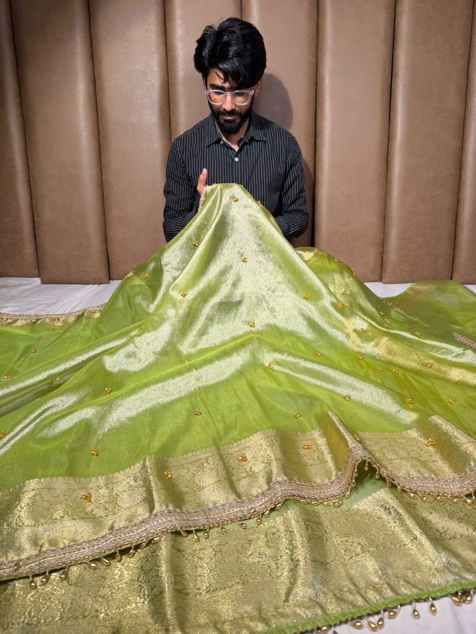 Parrot Green Kora Tissue Viral Ghungroo Work Saree