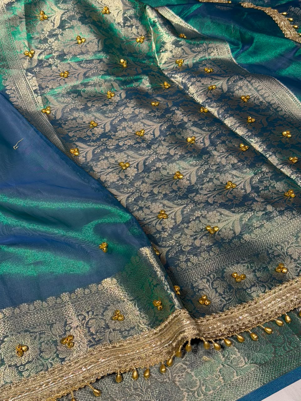 Rare Baigani Viral Ghungroo Work Tissue Saree