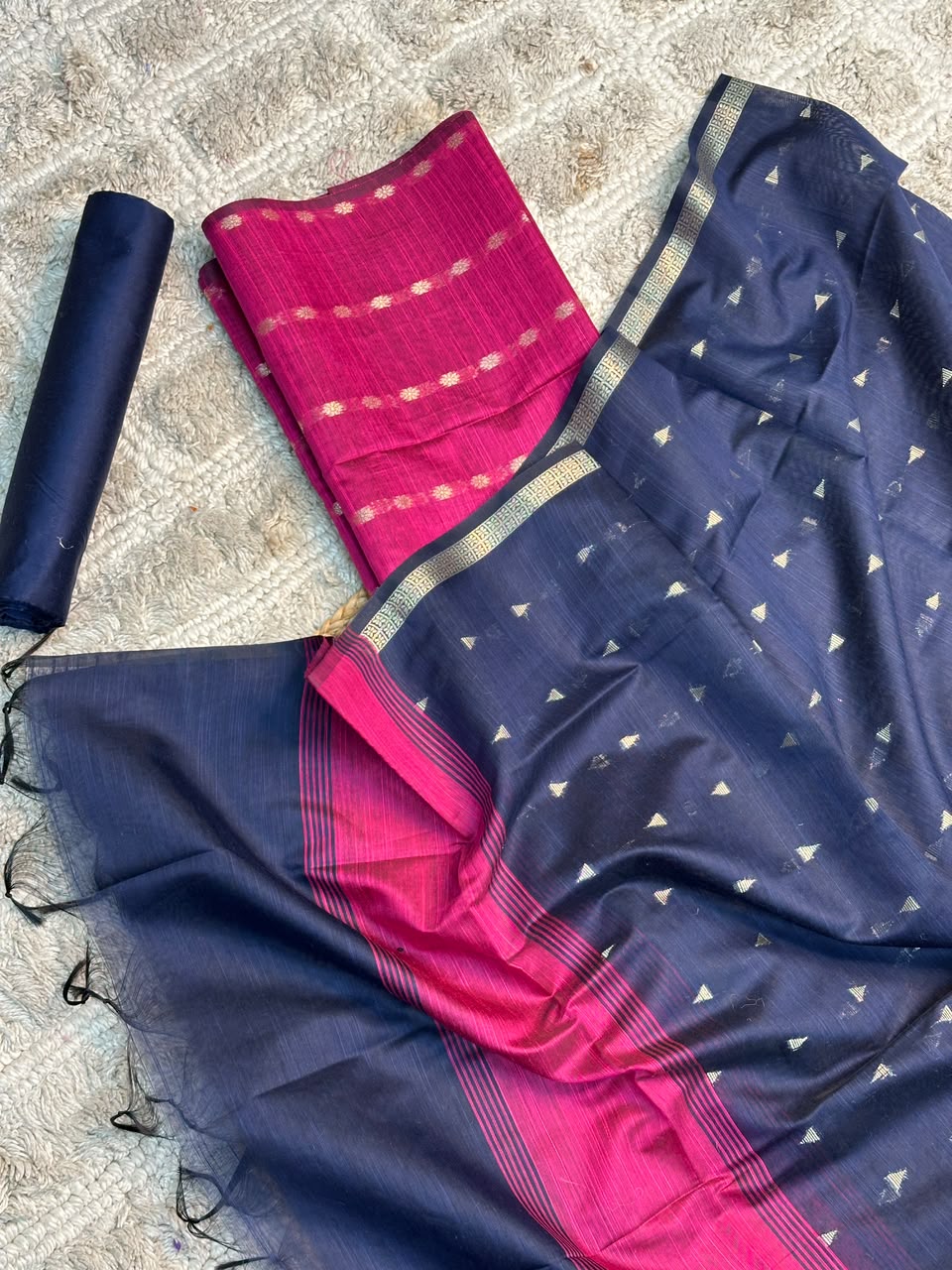 Rani Pink-Navy Shade Soft Cotton Banarasi Suit Set