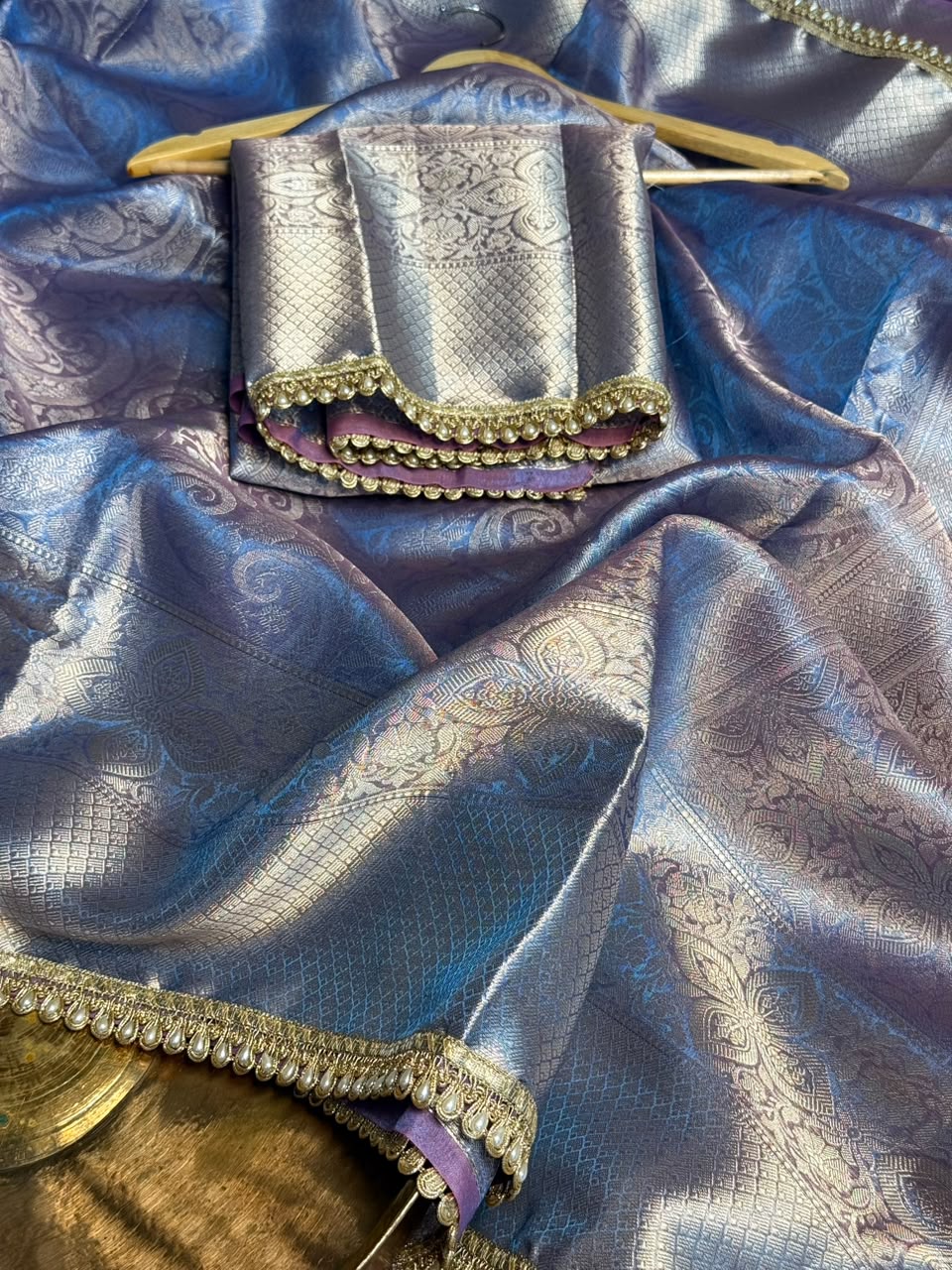 Matallic Blue Tissue Silk Designer Lace Work Banarasi Saree