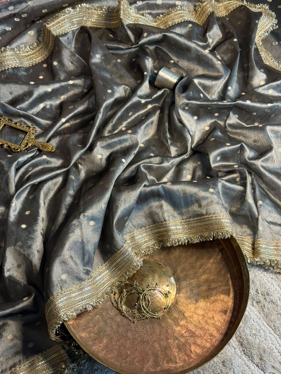 Beige Brown Tissue Silk Zari Buti Gota Lace Work Banarasi Saree